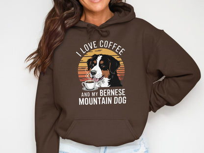 Brown hoodie with Bernese Mountain Dog and coffee graphic text.