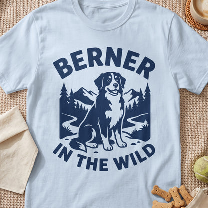 Light blue t-shirt with navy graphic: "BERNER IN THE WILD" text and a dog.
