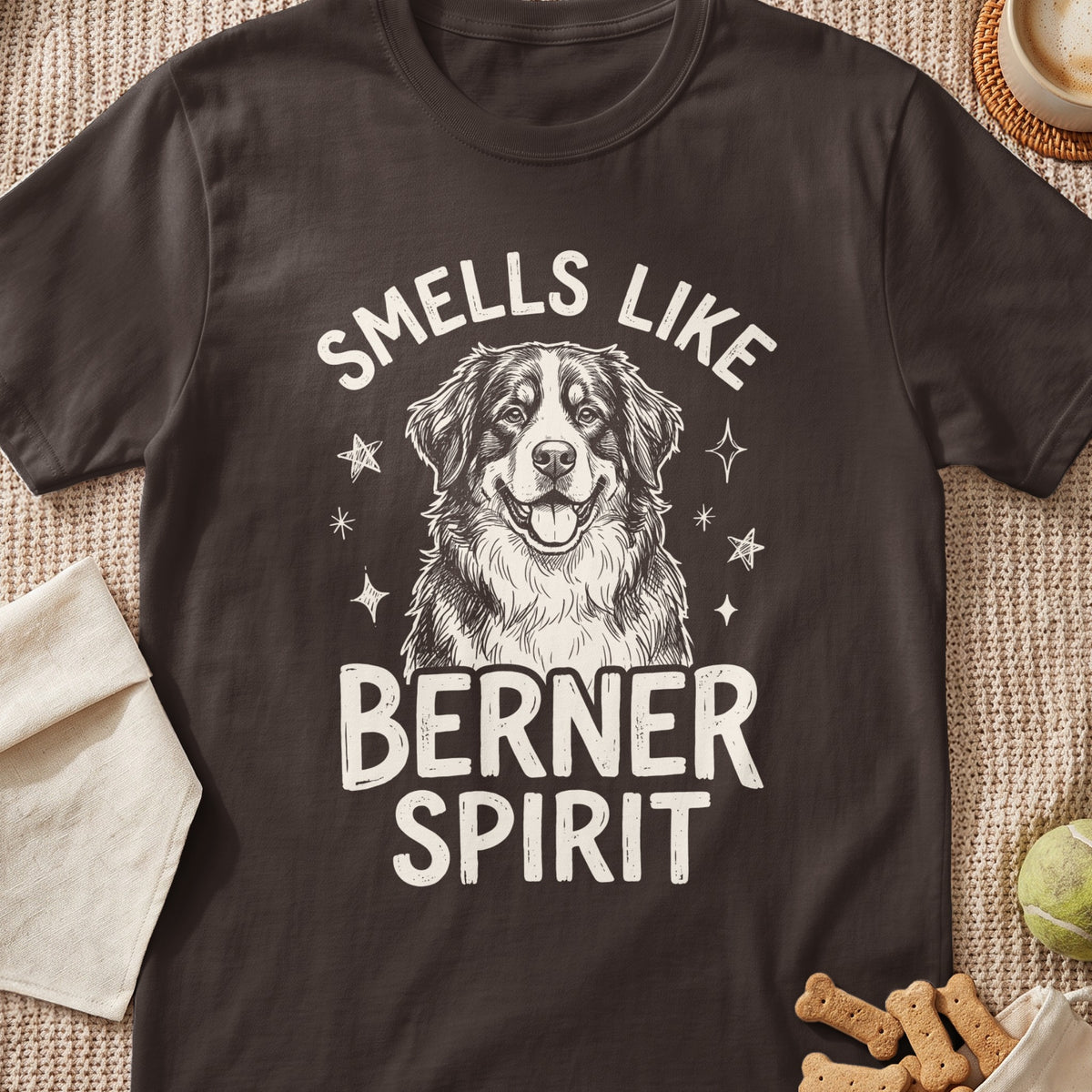 Dark t-shirt with sketch of a Bernese Mountain Dog and text "SMELLS LIKE BERNER SPIRIT".