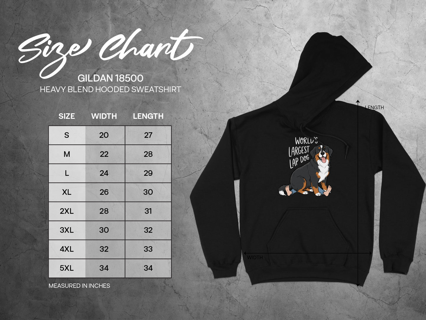 Gildan 18500 hooded sweatshirt size chart with width and length measurements in inches.