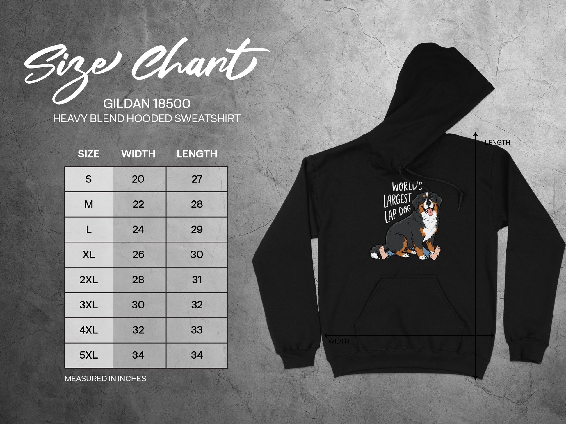 Gildan 18500 hooded sweatshirt size chart with width and length measurements in inches.