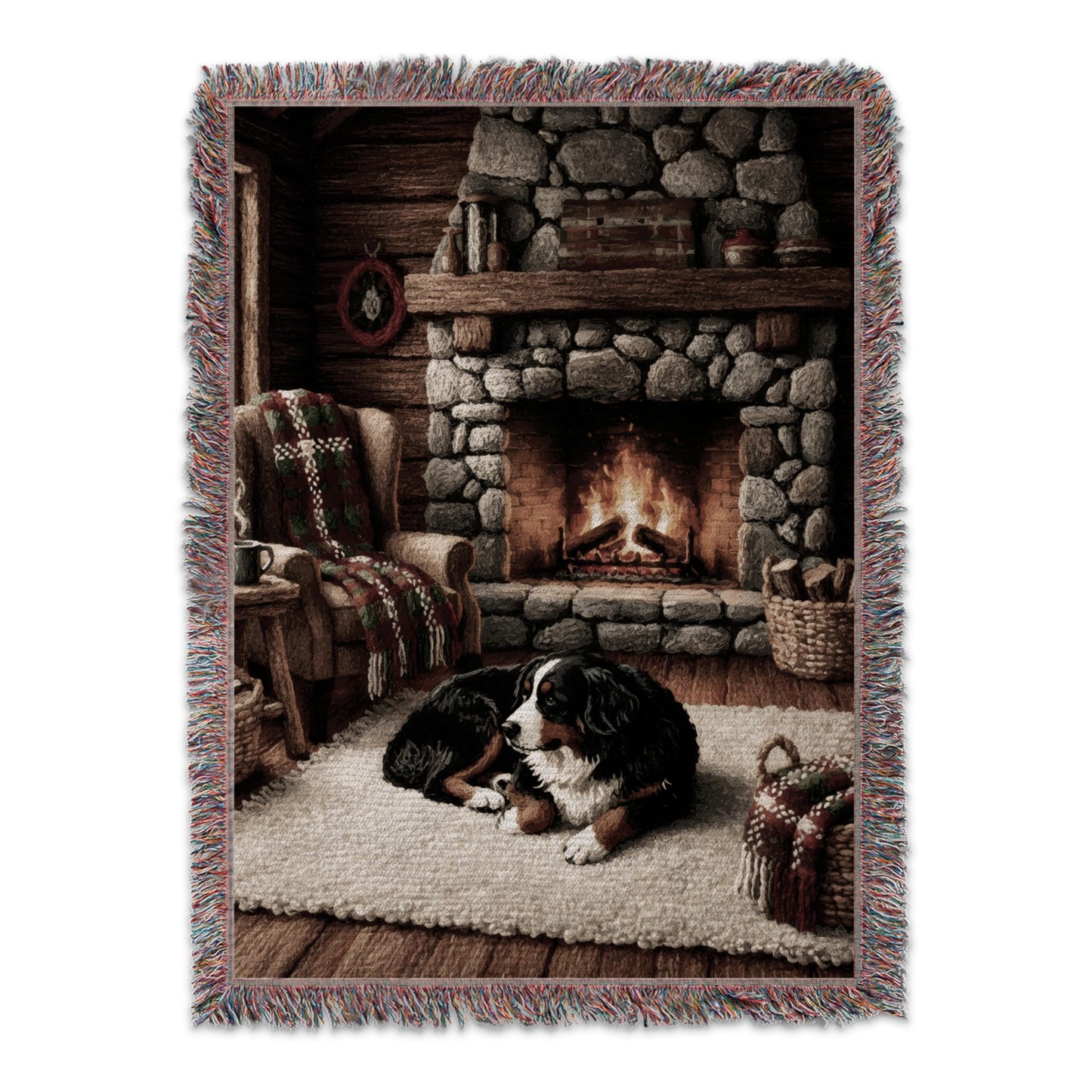 Cozy Cabin Scene with Dog by Fireplace Wall Art