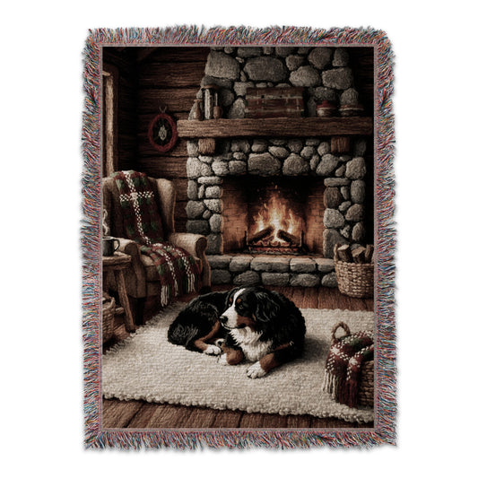 Cozy Cabin Scene with Dog by Fireplace Wall Art