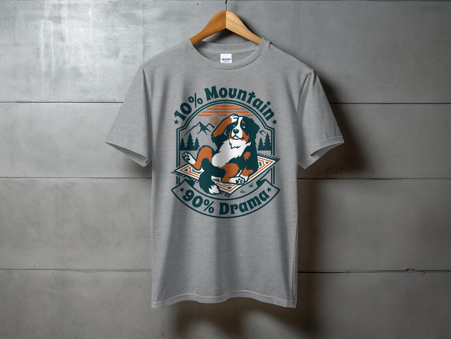 Grey t-shirt with a graphic of a Bernese Mountain Dog and text "10% Mountain, 90% Drama".