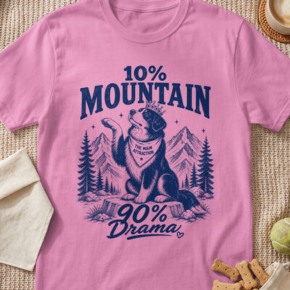 Pink t-shirt with dog wearing a crown and bandana, "10% Mountain 90% Drama" text.