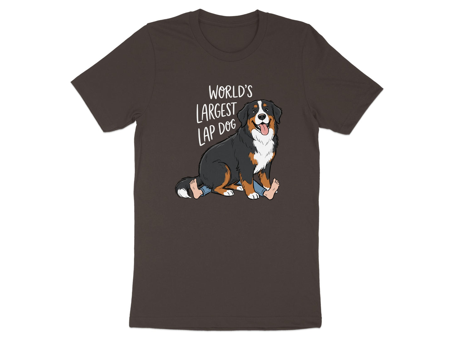 Brown t-shirt with "World's Largest Lap Dog" text and a cartoon Bernese Mountain Dog.