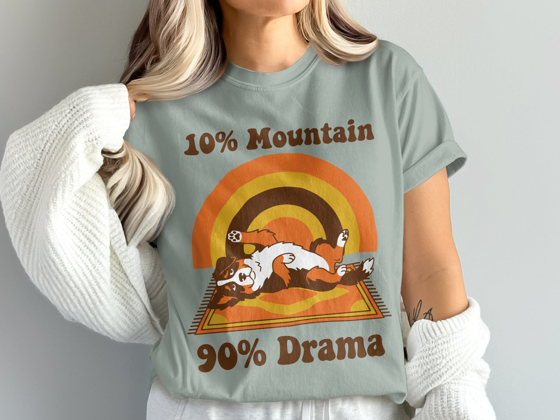 T-shirt with "10% Mountain 90% Drama" text and a cartoon dog.