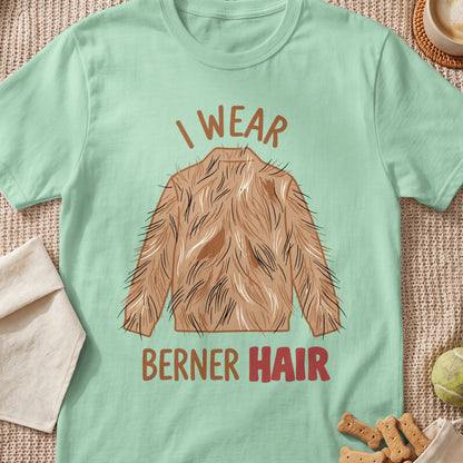 Mint t-shirt with illustration of a sweater covered in "Berner Hair".