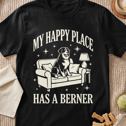 Black t-shirt with "My Happy Place Has A Berner" text and illustration.