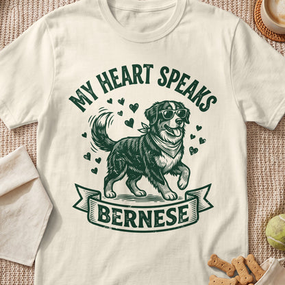 Bernese dog wearing sunglasses and bandana with text "My Heart Speaks Bernese".
