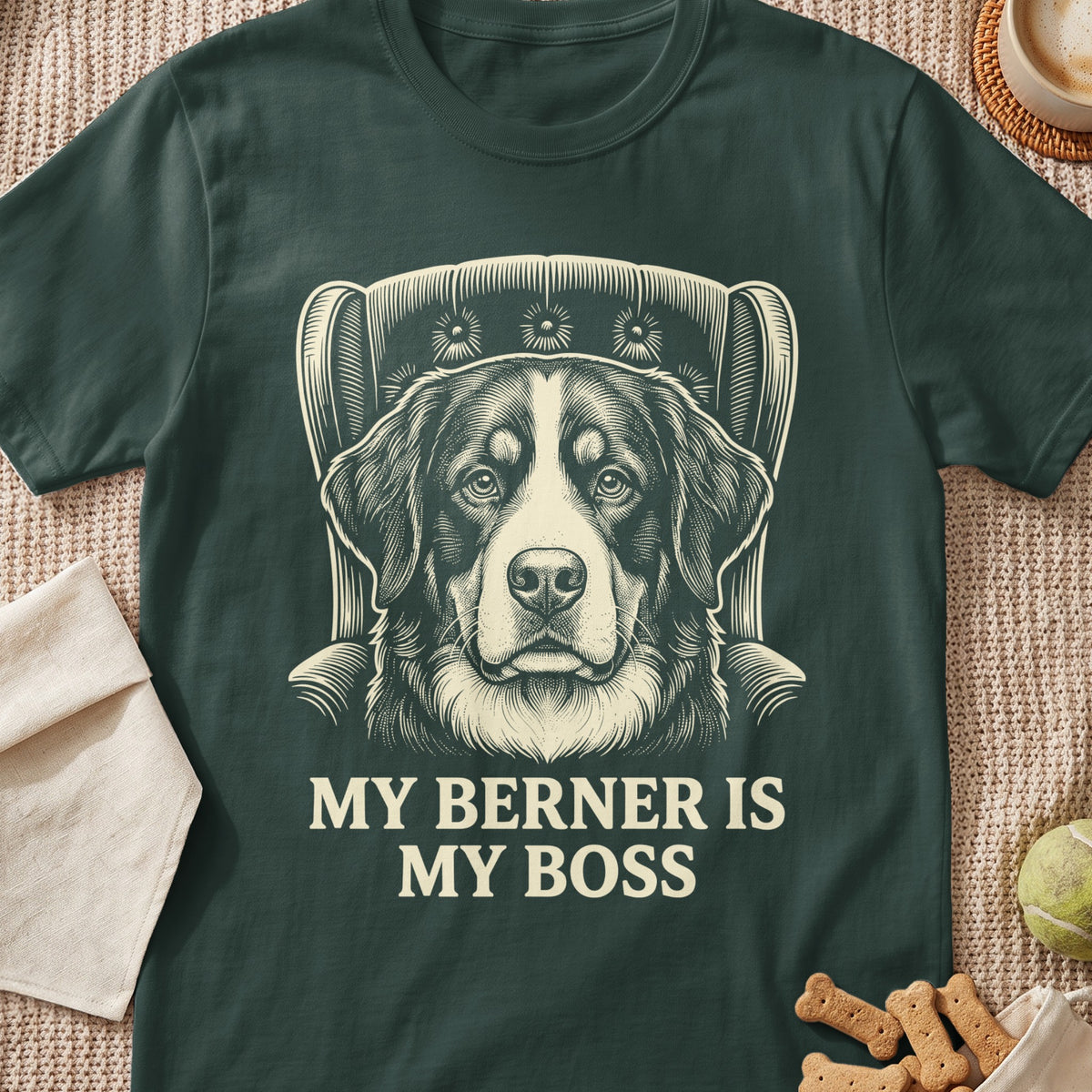 Dark green t-shirt with a Bernese Mountain Dog illustration and "MY BERNER IS MY BOSS" text.