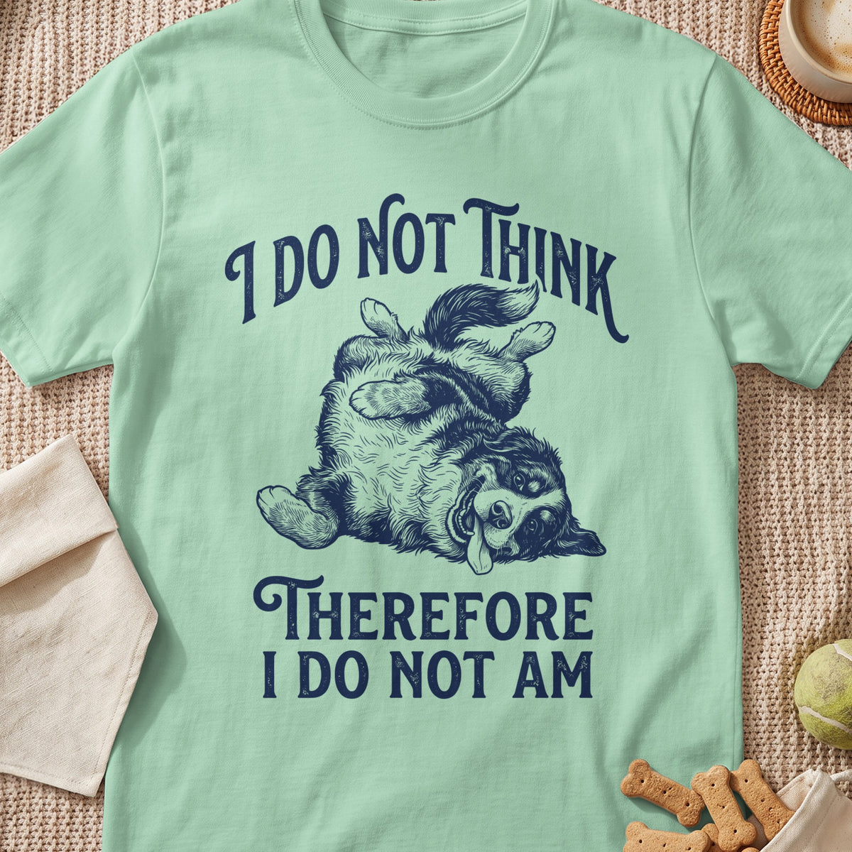 T-shirt with a graphic of a dog rolling and text "I DO NOT THINK THEREFORE I DO NOT AM".
