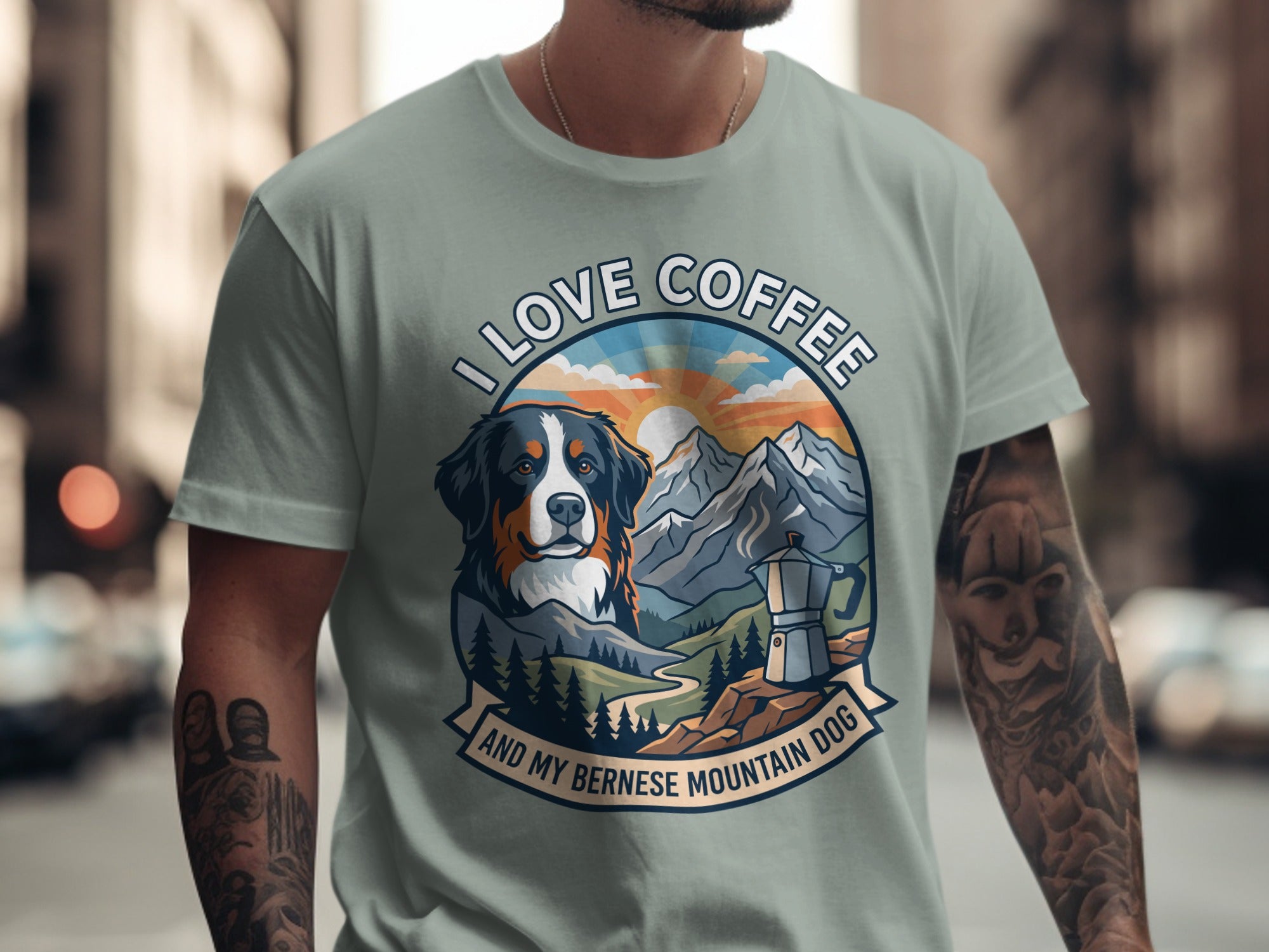 Bernese Mountain Dog in mountains with text "I LOVE COFFEE AND MY BERNESE MOUNTAIN DOG".