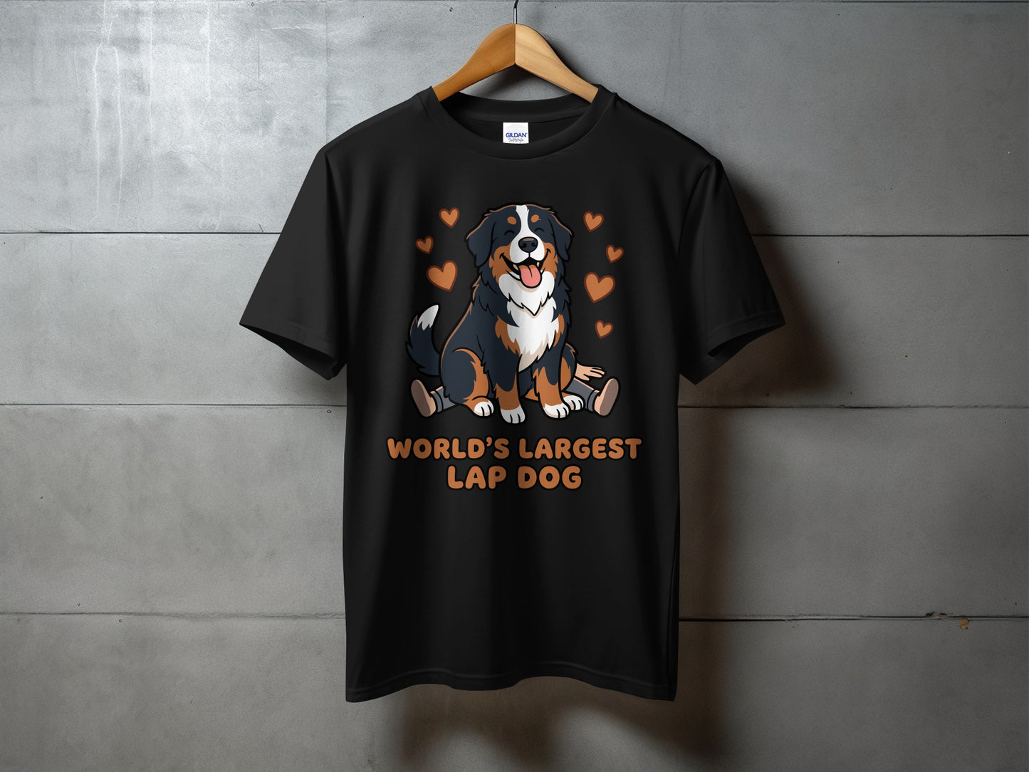 Black t-shirt with cartoon Bernese Mountain Dog and text "World's Largest Lap Dog."