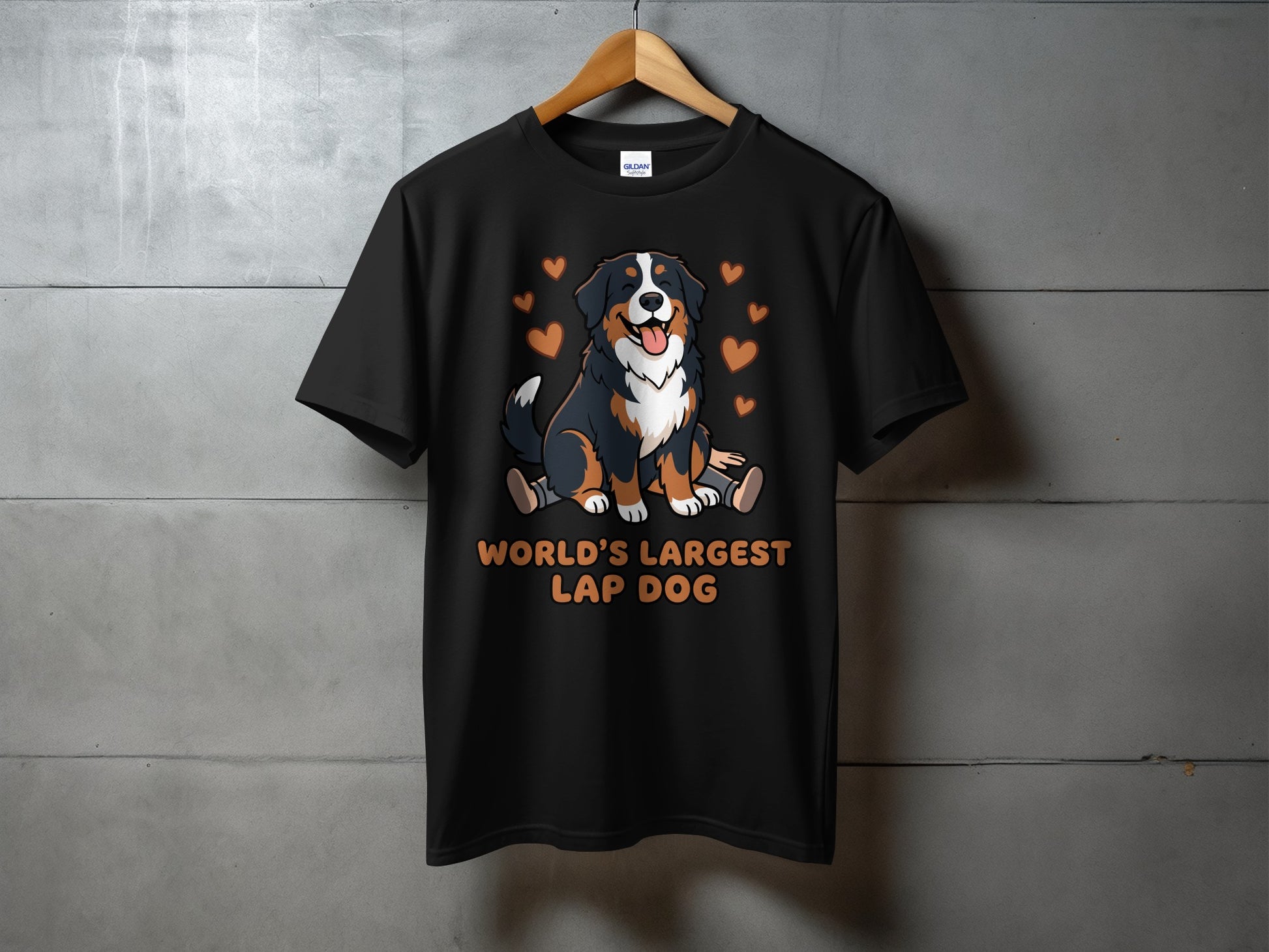 Black t-shirt with cartoon Bernese Mountain Dog and text "World's Largest Lap Dog."