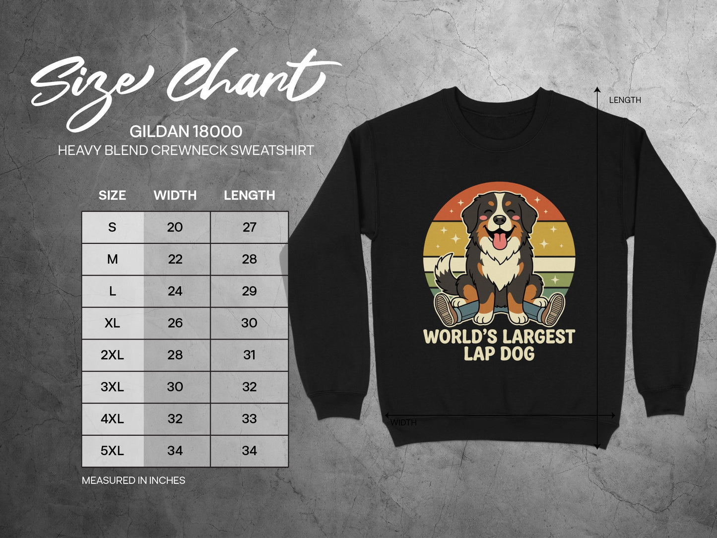 Gildan 18000 size chart with a cartoon Bernese Mountain Dog wearing jeans.