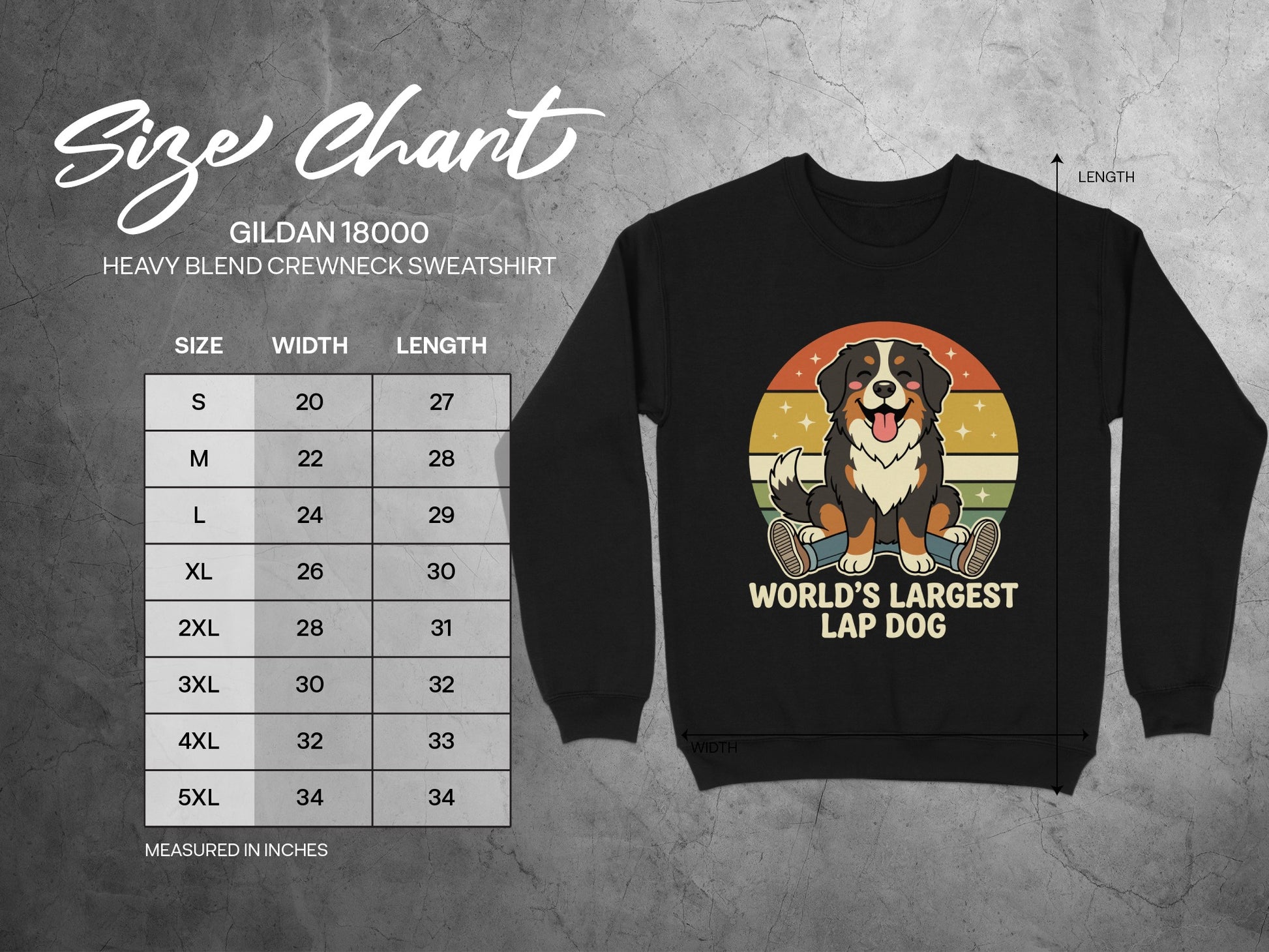Gildan 18000 size chart with a cartoon Bernese Mountain Dog wearing jeans.