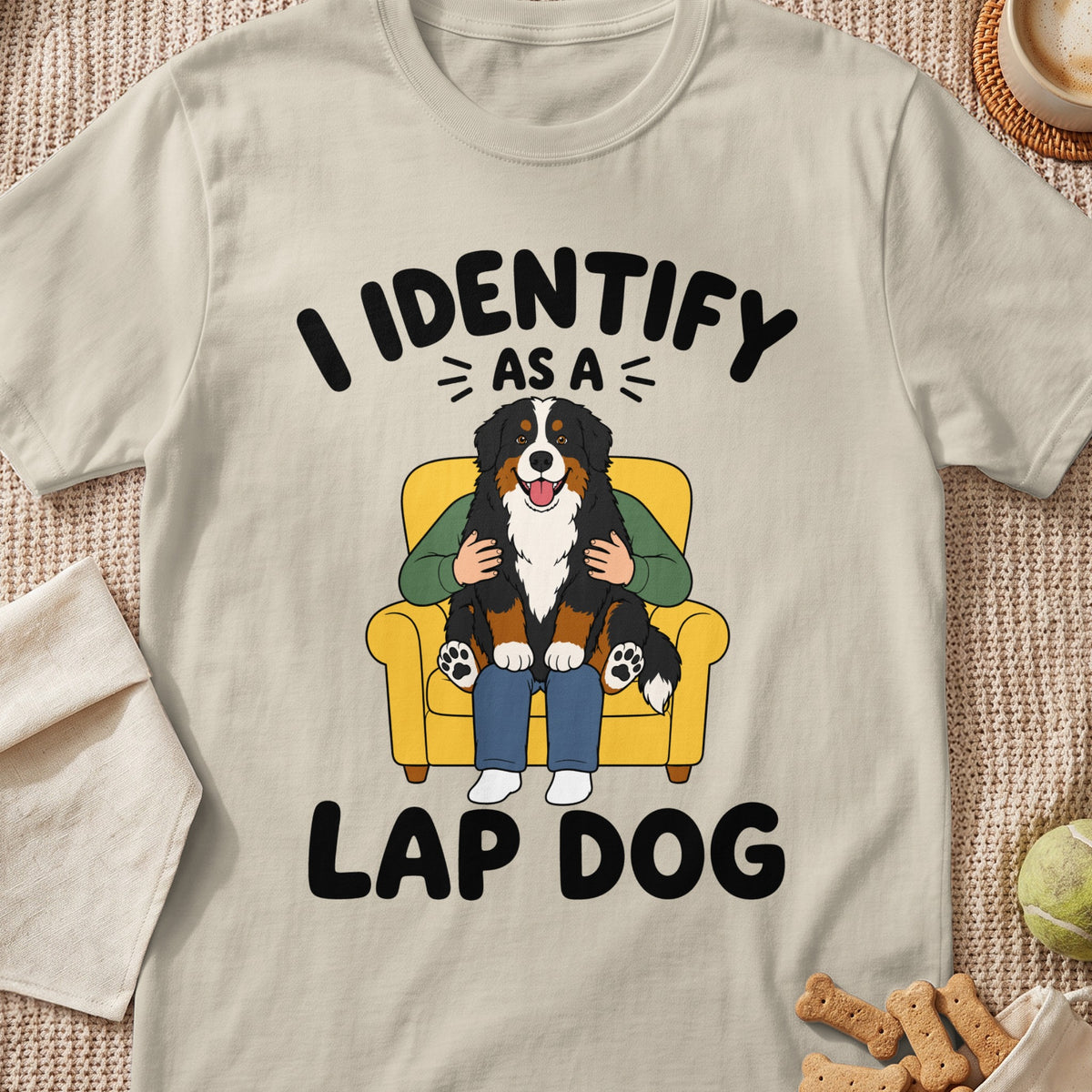 T-shirt graphic: "I IDENTIFY AS A LAP DOG" with a Bernese Mountain Dog sitting on a yellow couch.