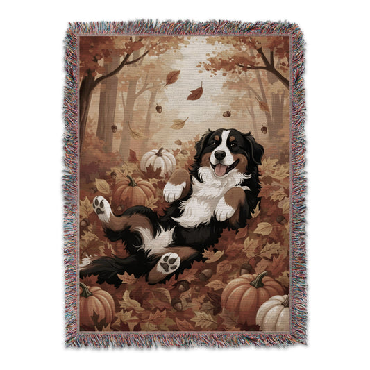 Joyful Dog Playing in Autumn Leaves Throw Blanket