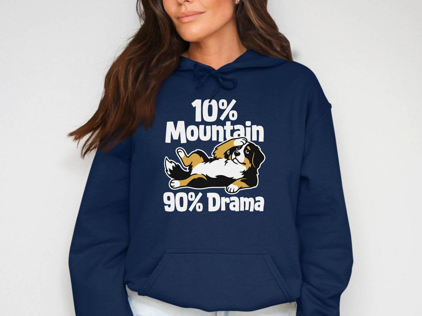 Navy blue hoodie with cartoon dog and text "10% Mountain 90% Drama".