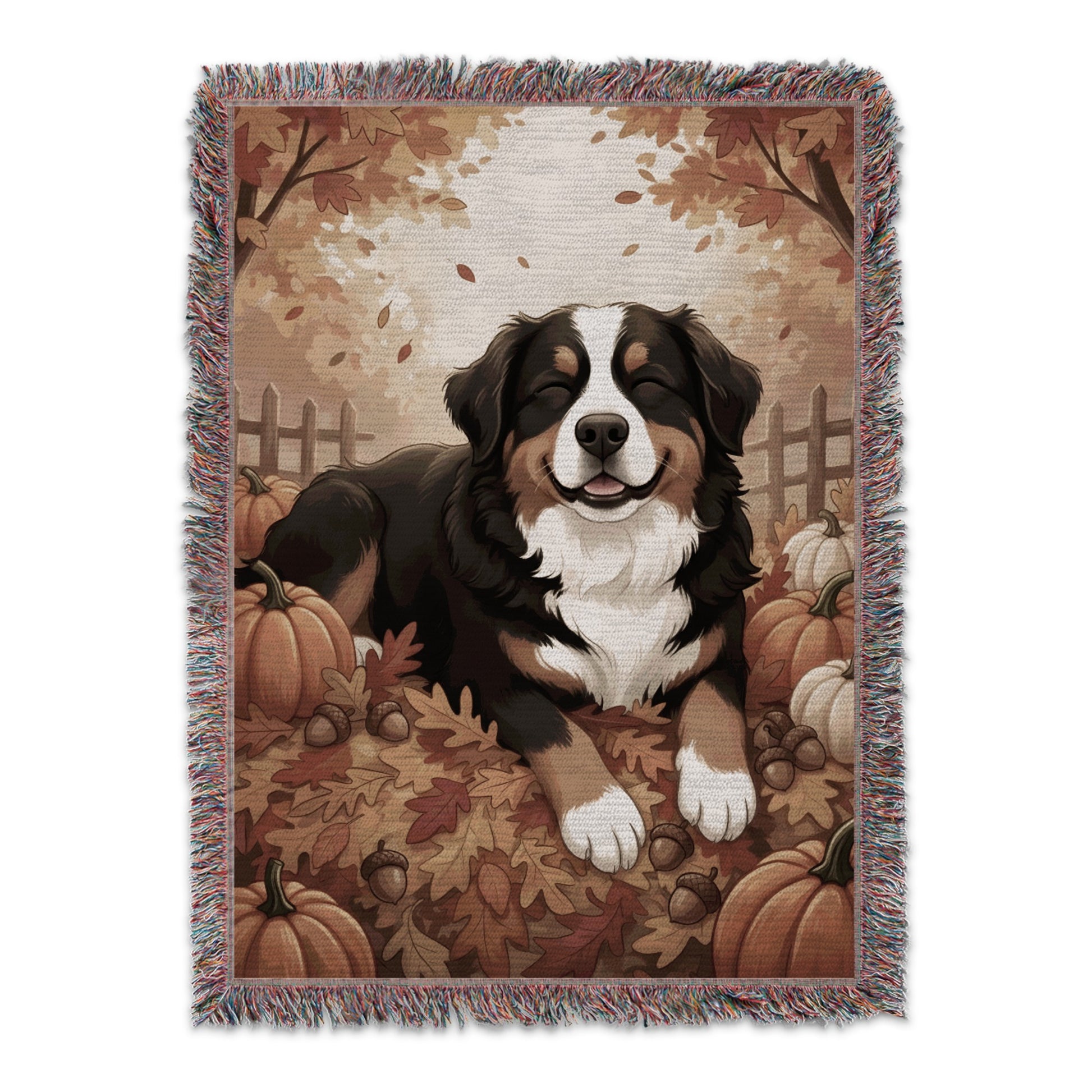 Happy Dog and Pumpkins Autumn Blanket