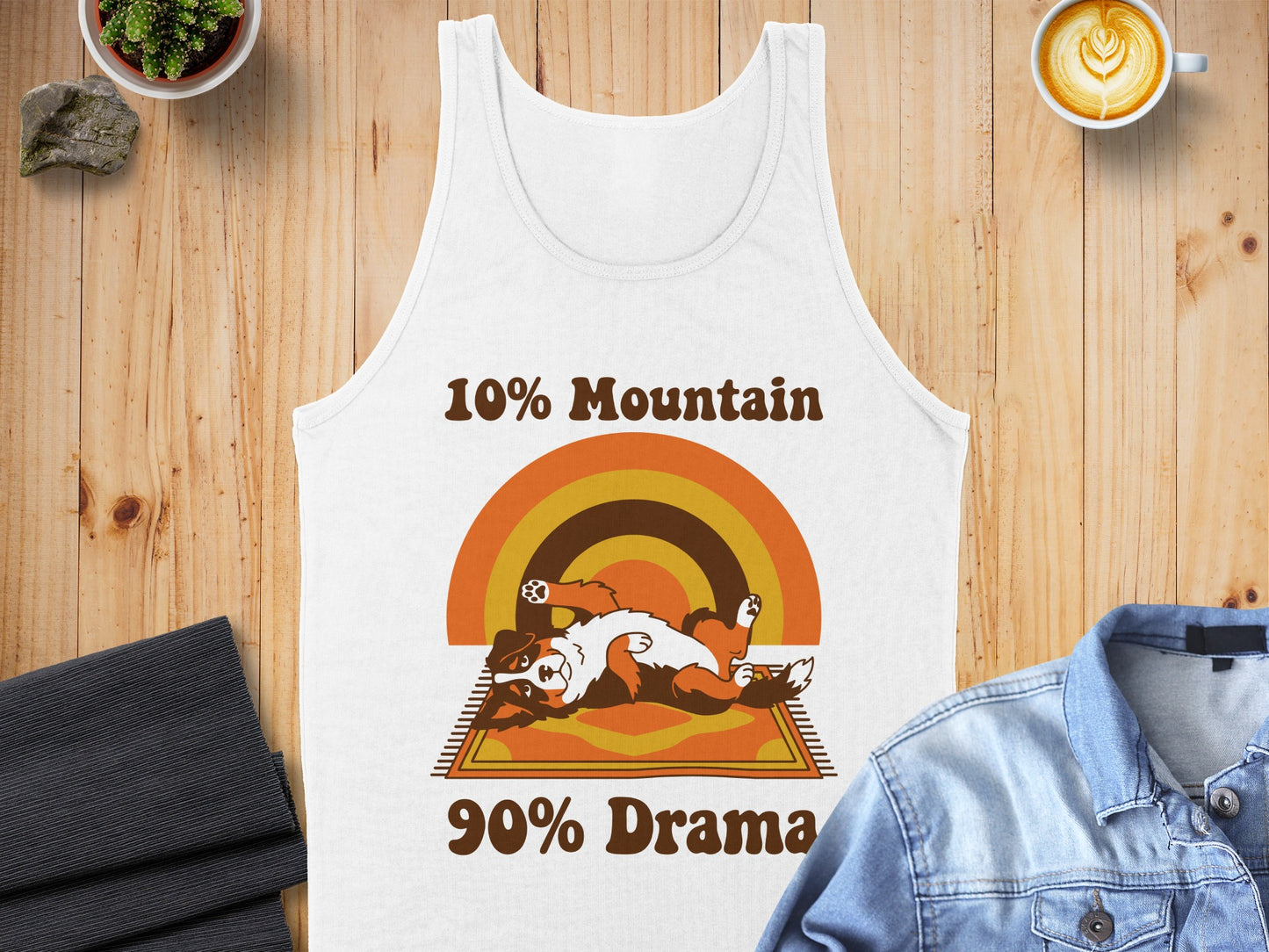 White tank top with retro dog graphic and text "10% Mountain 90% Drama."