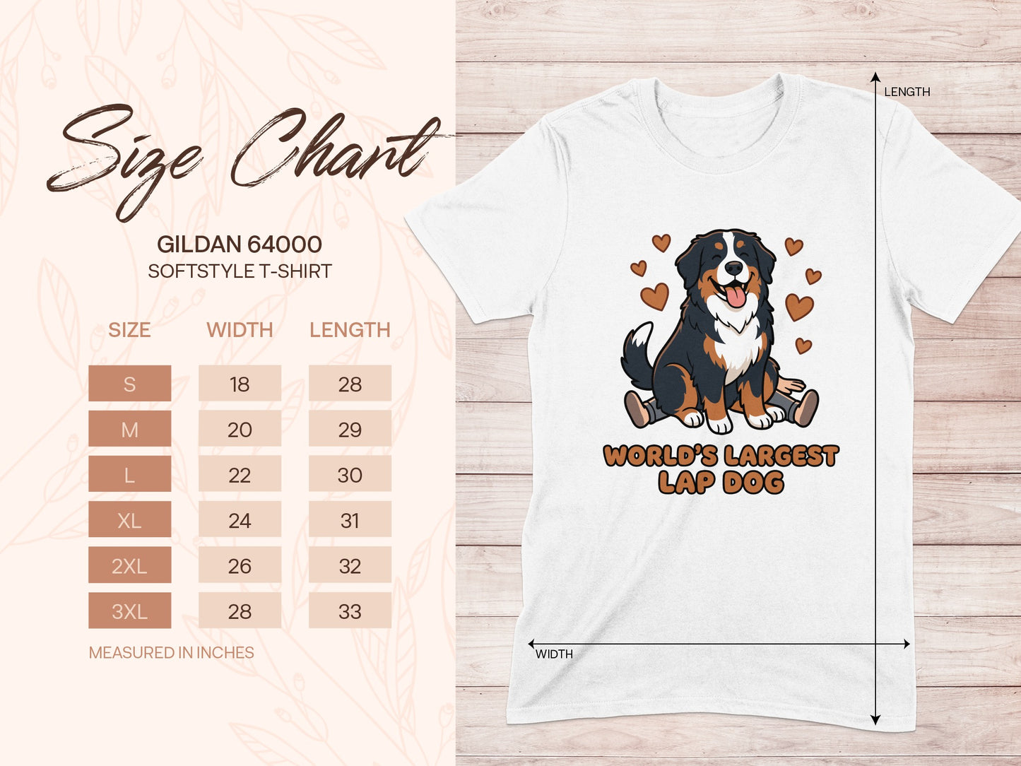Size chart for Gildan 64000 softstyle t-shirt with measurements.