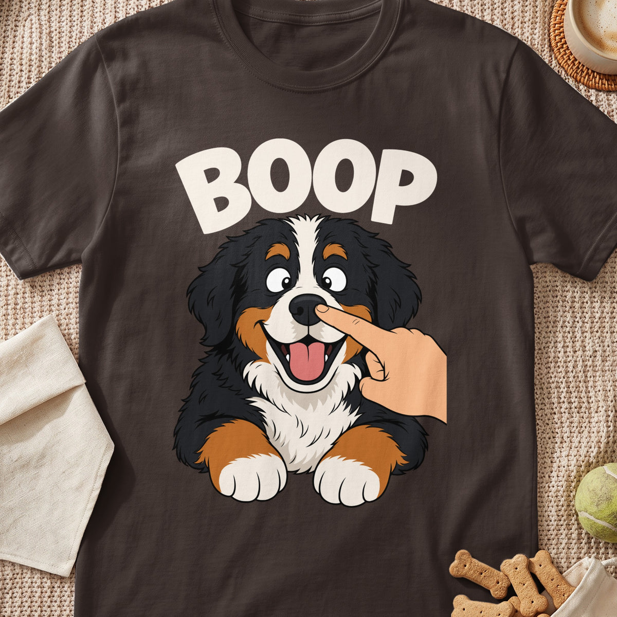 Bernese Mountain Dog cartoon with the word "BOOP" and a finger touching its nose.