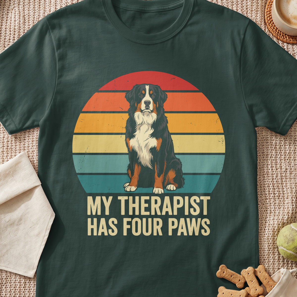 Bernese Mountain Dog sitting in front of a retro sunset with text "My Therapist Has Four Paws".