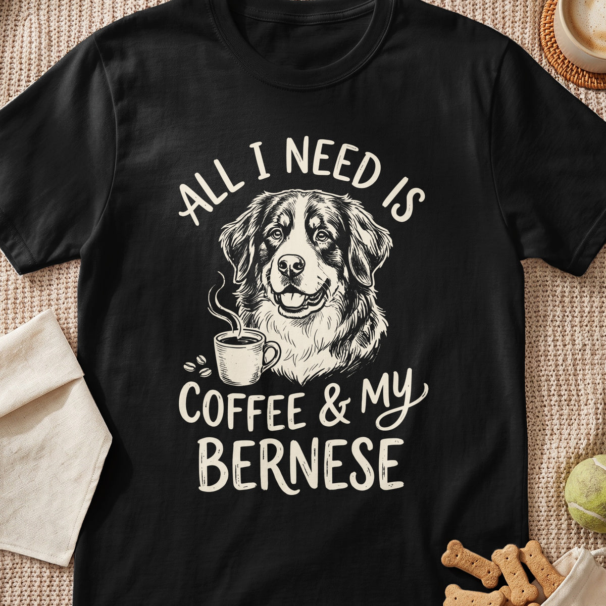 Black t-shirt with a Bernese Mountain Dog, coffee cup, and text reading "ALL I NEED IS COFFEE & MY BERNESE".