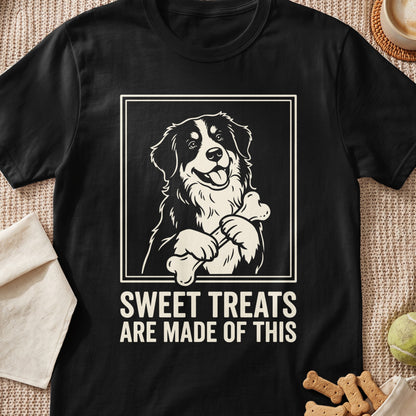 Black t-shirt with a dog holding a bone graphic and text "SWEET TREATS ARE MADE OF THIS."
