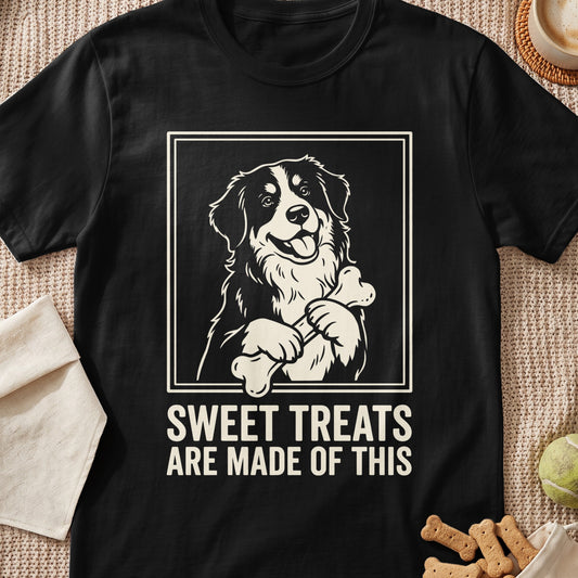 Black t-shirt with a dog holding a bone graphic and text "SWEET TREATS ARE MADE OF THIS."