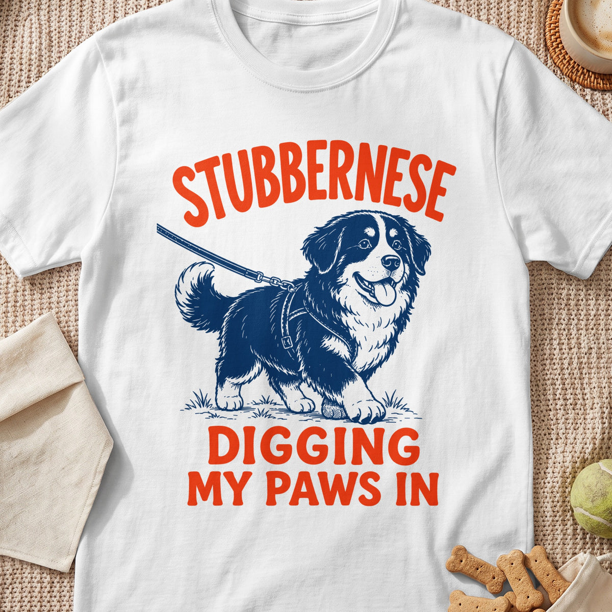 Bernese Mountain Dog graphic with text "STUBBERNESE DIGGING MY PAWS IN".