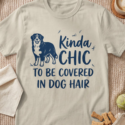 Cream t-shirt with a dog illustration and text "Kinda CHIC TO BE COVERED IN DOG HAIR".