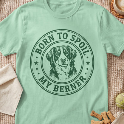 Mint green t-shirt with a green circular graphic of a Bernese Mountain Dog and text.