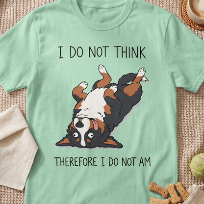 Mint t-shirt with cartoon dog and text "I DO NOT THINK THEREFORE I DO NOT AM".