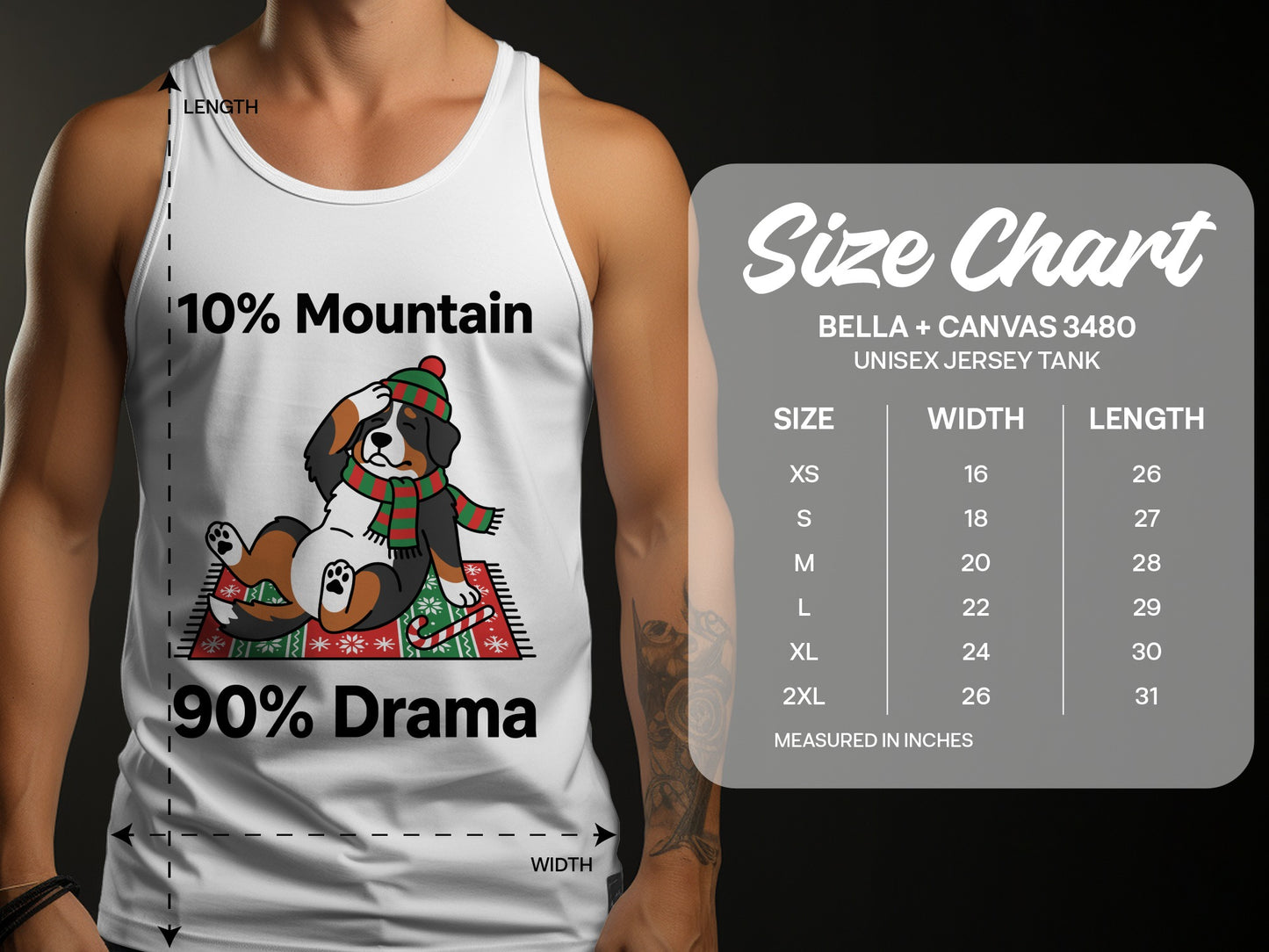White tank top with "10% Mountain 90% Drama" and cartoon dog, size chart included.