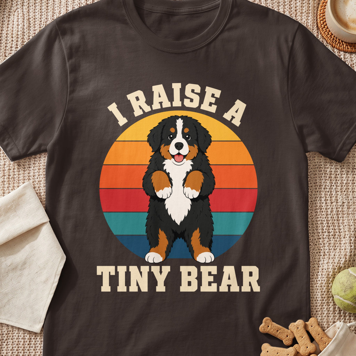 Bernese Mountain Dog with text "I RAISE A TINY BEAR" on a retro sunset background.