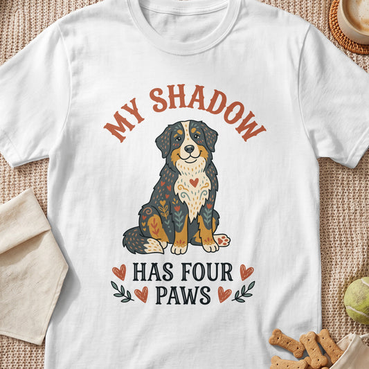 Bernese Mountain Dog graphic with text "MY SHADOW HAS FOUR PAWS".