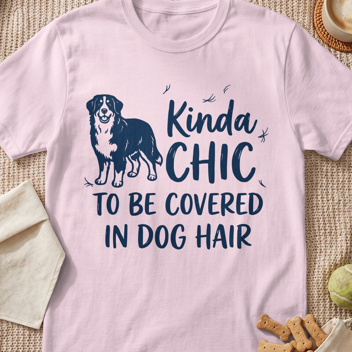 Pink t-shirt with navy blue graphic of a dog and text "Kinda CHIC TO BE COVERED IN DOG HAIR".