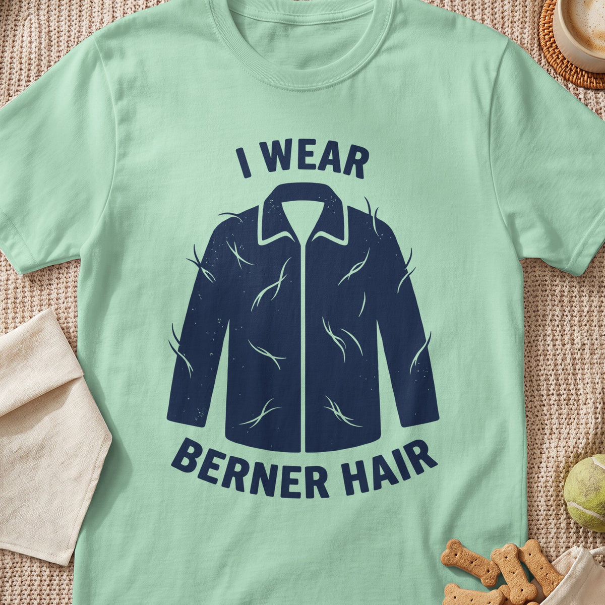 Light green t-shirt with navy blue graphic of a jacket covered in fur tufts and text "I WEAR BERNER HAIR".