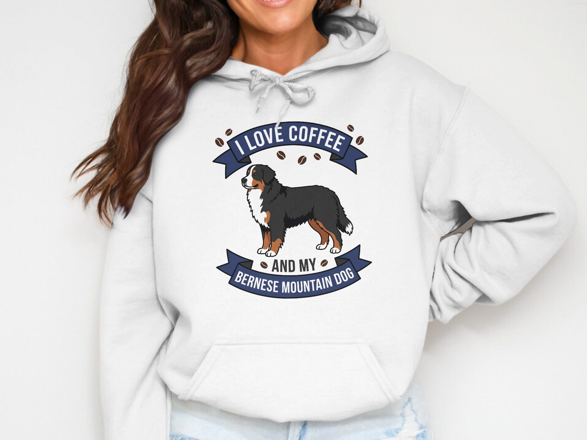 White hoodie with Bernese Mountain Dog and coffee bean graphic and text.