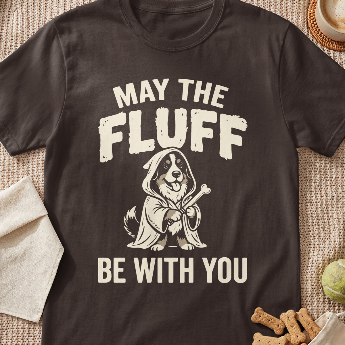 Brown t-shirt with graphic of dog in robe holding bone, text "MAY THE FLUFF BE WITH YOU".
