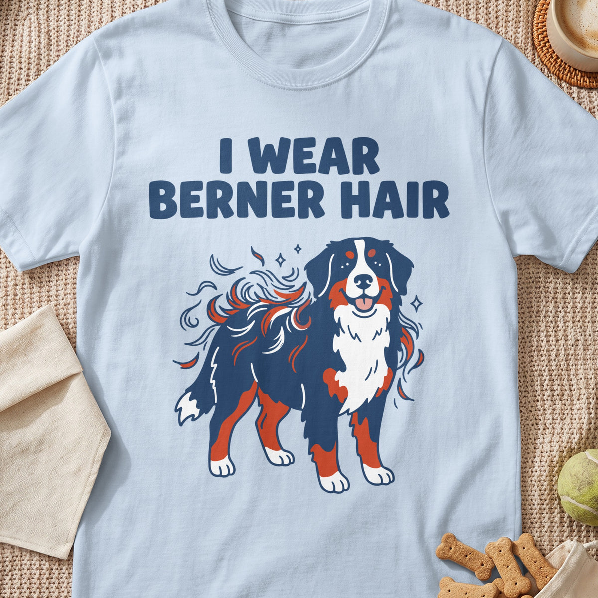 Light blue t-shirt with text "I WEAR BERNER HAIR" and a graphic of a Bernese Mountain Dog.
