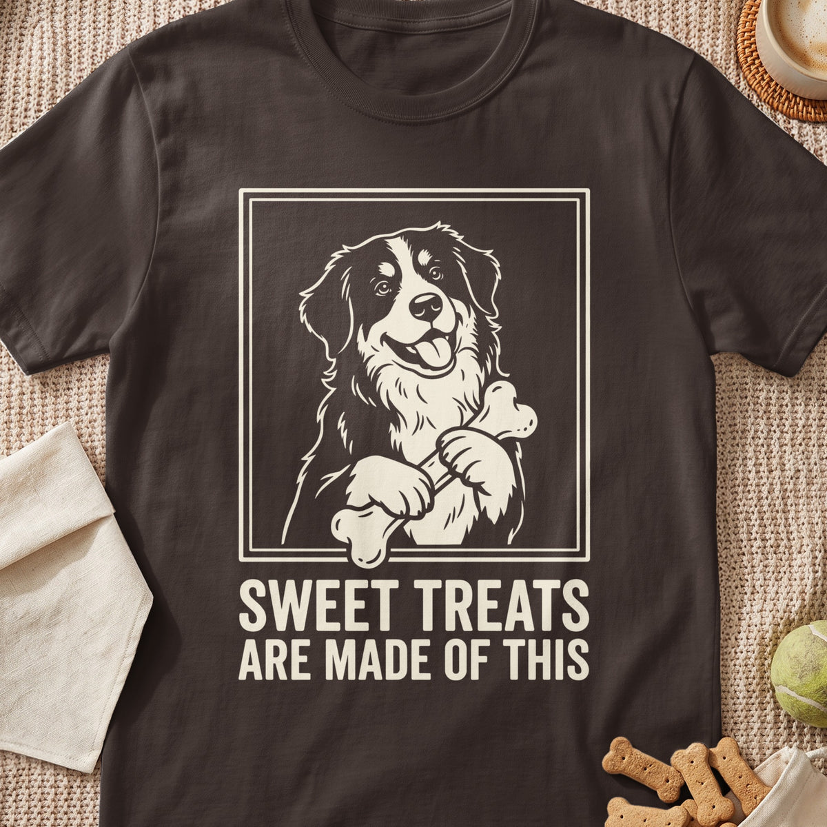 Dark brown t-shirt with a dog holding a bone and text that reads "SWEET TREATS ARE MADE OF THIS".