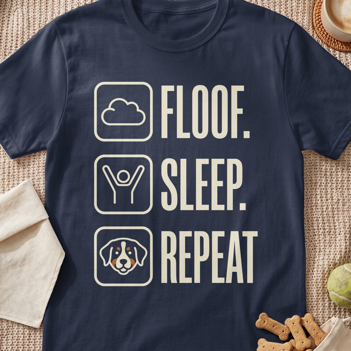 Navy t-shirt with "Floof. Sleep. Repeat." text and icons of cloud, person, and dog.