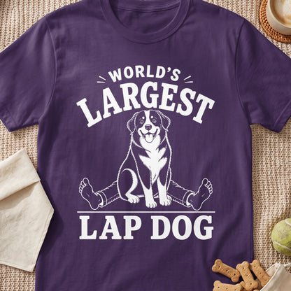 Purple t-shirt with "World's Largest Lap Dog" text and dog graphic.
