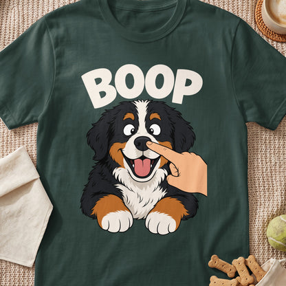 Bernese Mountain Dog with "BOOP" text and a finger touching its nose.