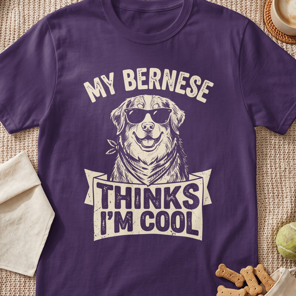 Purple t-shirt with distressed print "My Bernese Thinks I'm Cool" and dog graphic.