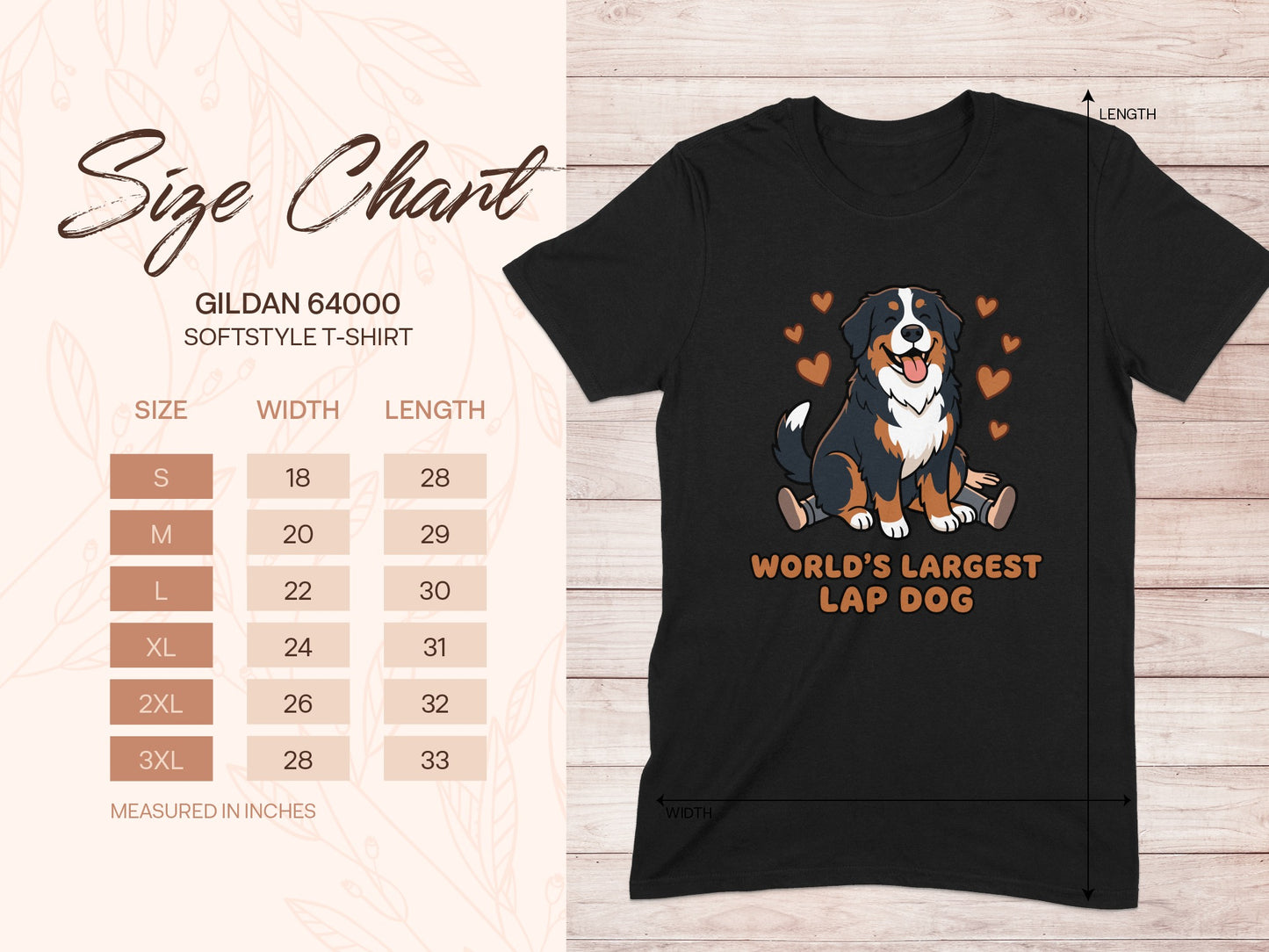 Size chart for Gildan 64000 softstyle t-shirt with dog graphic.